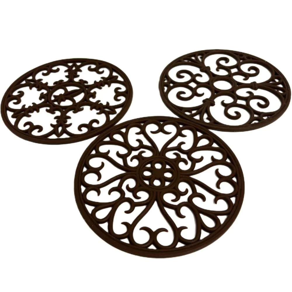 * Trivets Set of Three Silicone Mats Scroll Design Hot Pads Dark Brown